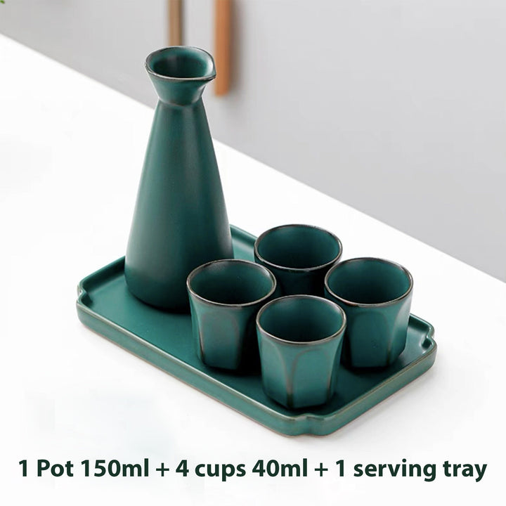 Vintage Japanese style sake set with tray | 1 saki bottle, 2 or 4 cups, 1 serving tray | gift for man | bar ware - Teaware Space