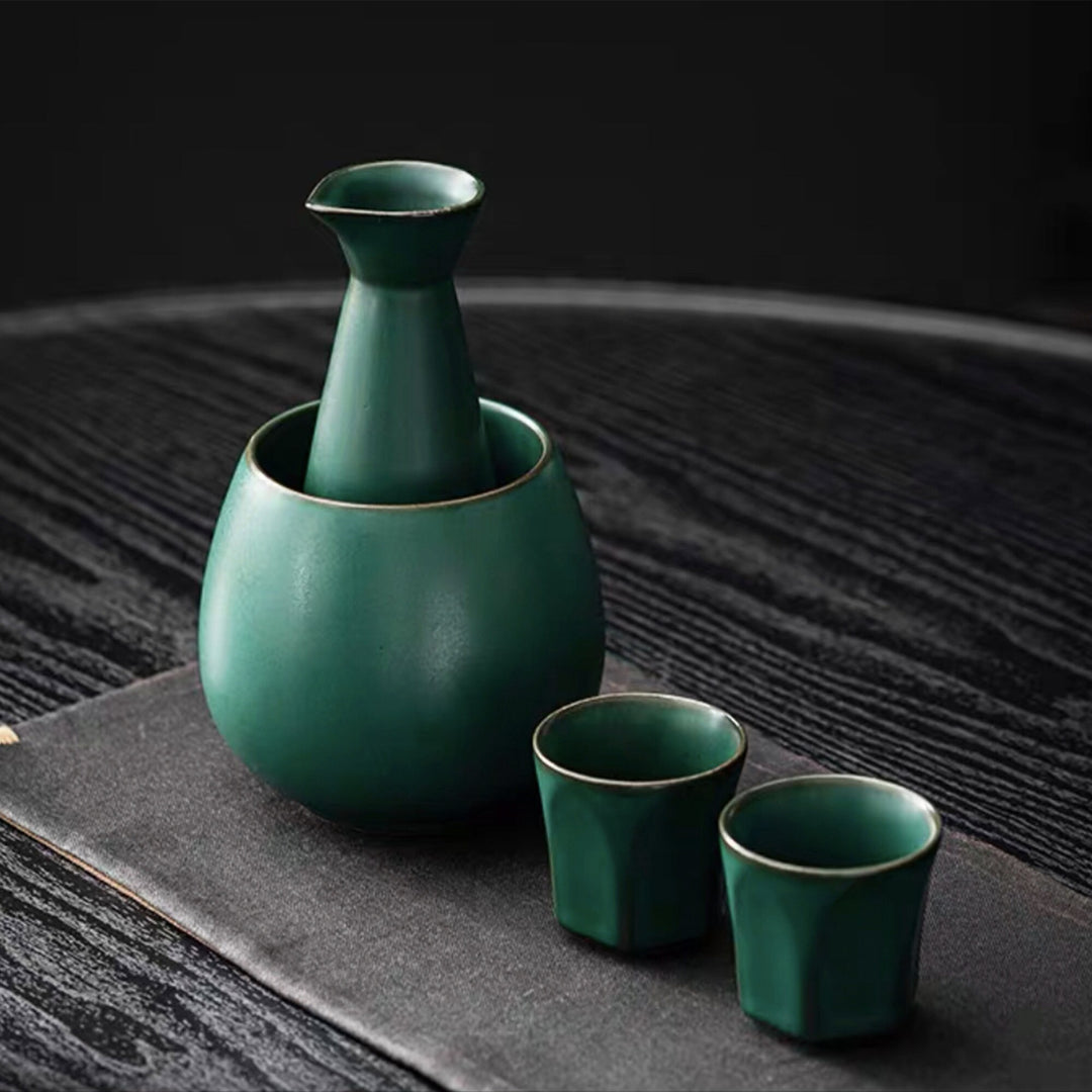 Shigaraki Ware - handmade vintage green sake set with warmer, 1 pot, 2cups