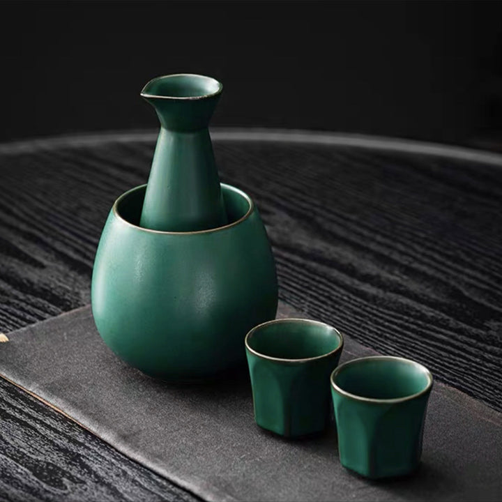 Shigaraki Ware - handmade vintage green sake set with warmer, 1 pot, 2cups