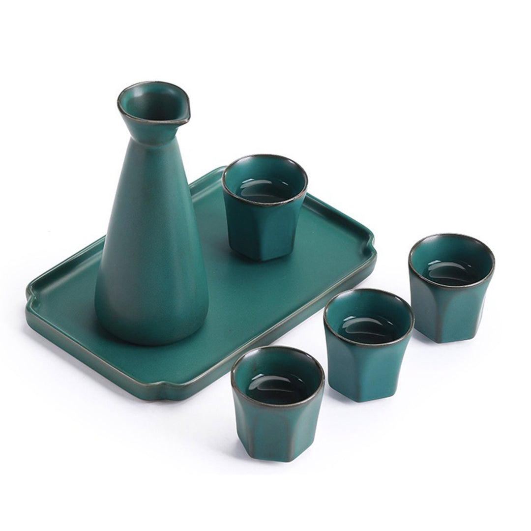 Vintage Japanese style sake set with tray | 1 saki bottle, 2 or 4 cups, 1 serving tray | gift for man | bar ware - Teaware Space