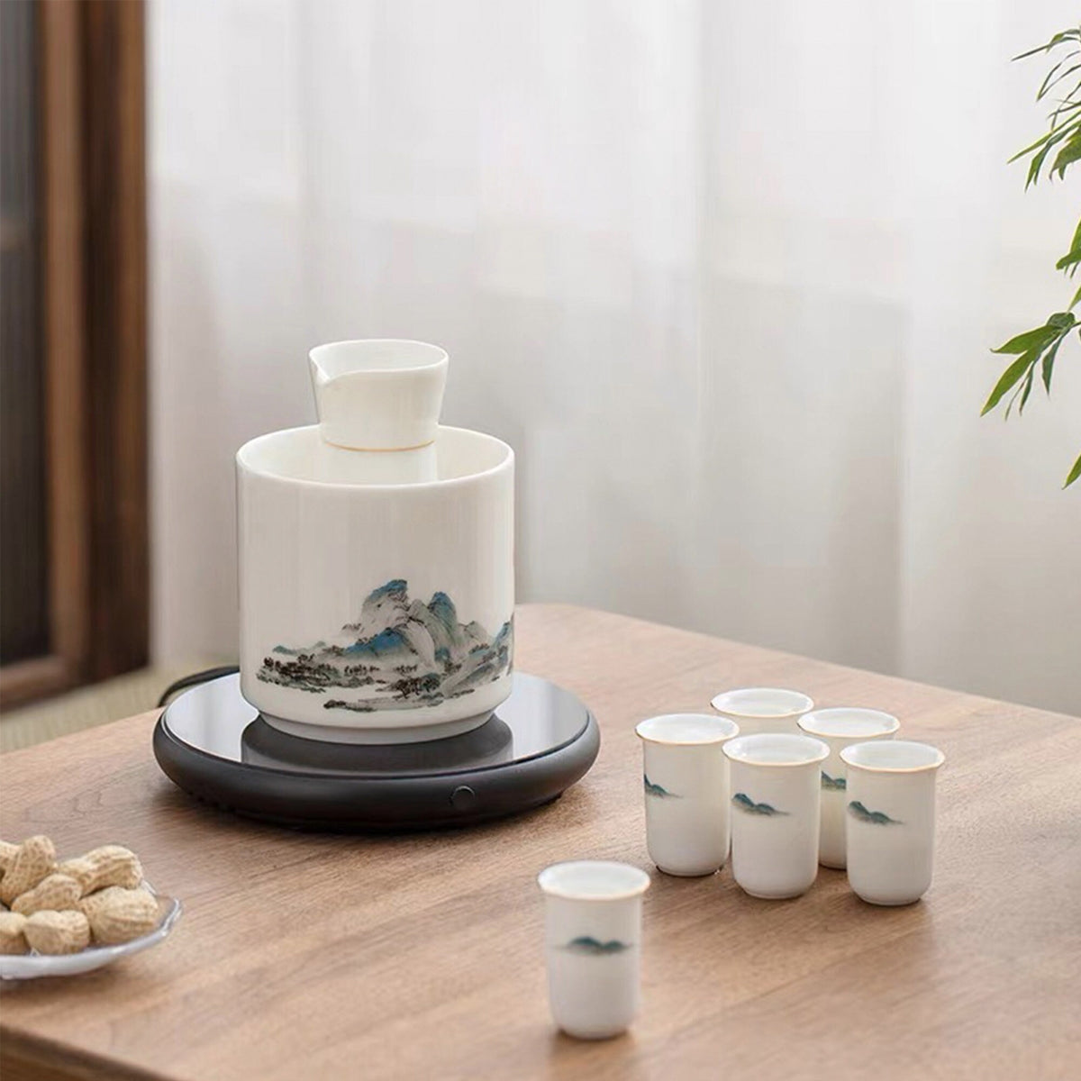 Japanese vintage sake set | 1 saki pitcher, 6 cups, 1 electronic warmer - Teaware Space