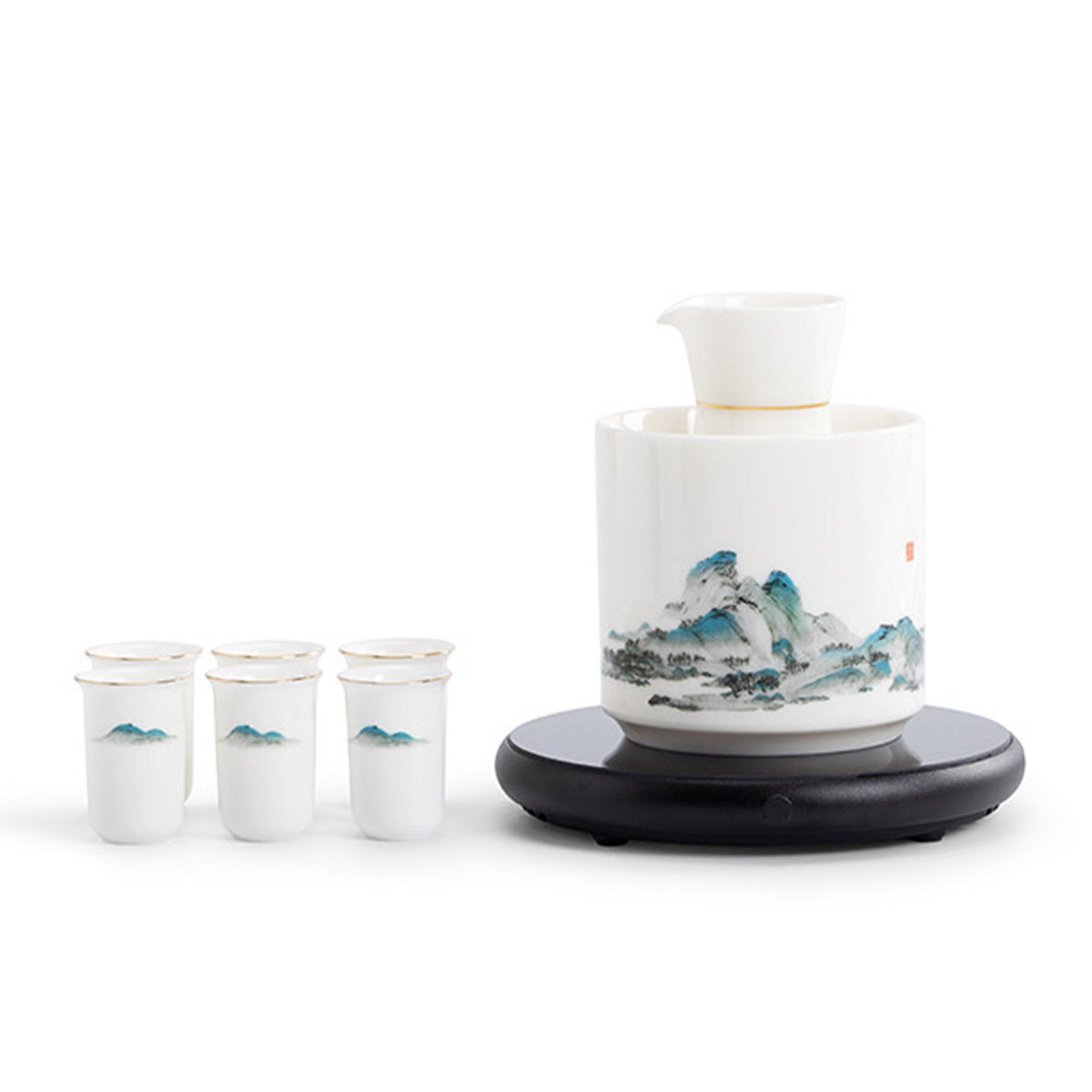 Japanese vintage sake set | 1 saki pitcher, 6 cups, 1 electronic warmer - Teaware Space