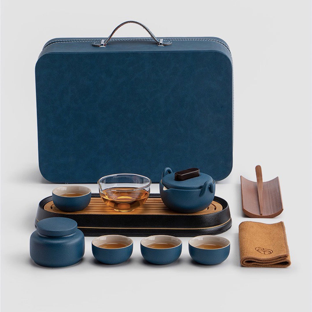 Travel tea set for two | 1 teapot with 4 cups, serving tray, and case