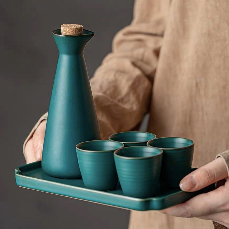 Vintage Japanese style sake set with tray | 1 saki bottle, 2 or 4 cups, 1 serving tray | gift for man | bar ware - Teaware Space
