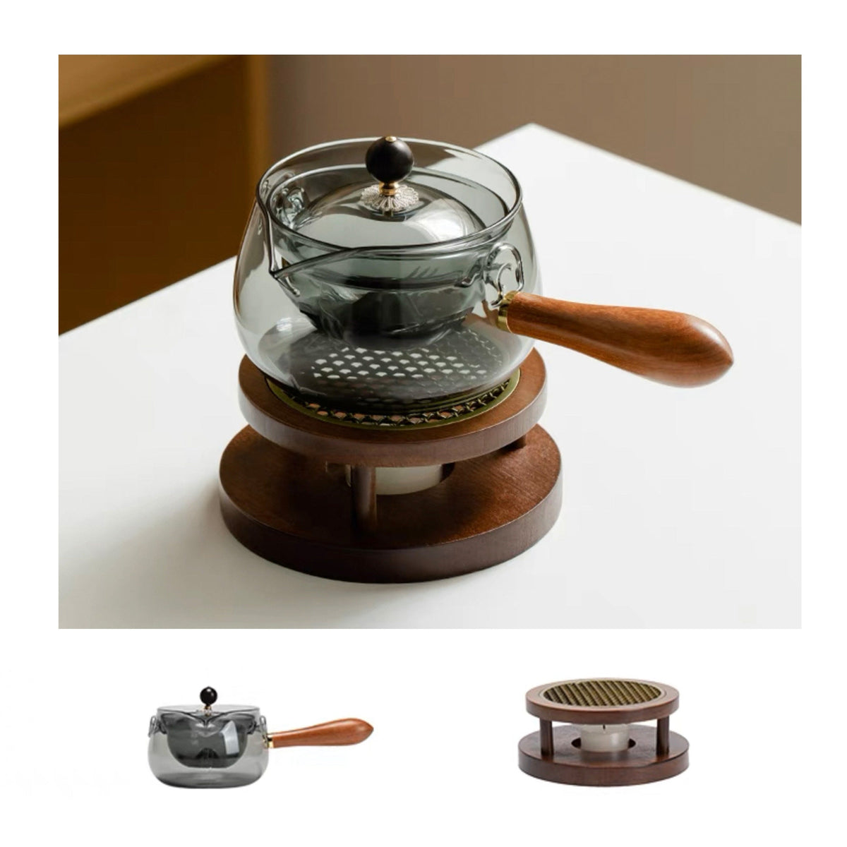 Unique Minimal Glass tea pot with candle stove set Dining decor |Housewarming gift - Teaware Space