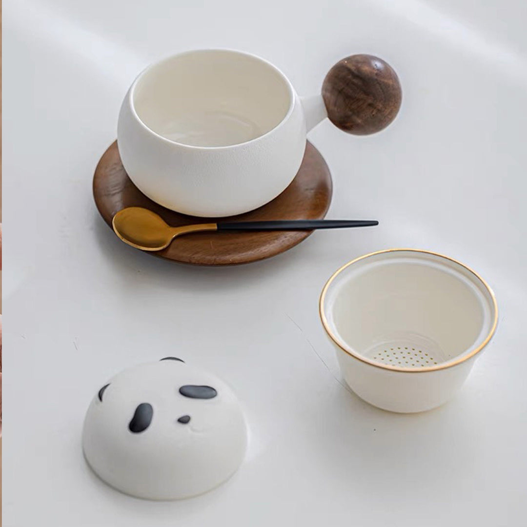 Ensemble de tasses à café expresso en forme de panda | Tasse à thé personnalisée avec infuseur et soucoupe | décor bohème | Cadeau d'anniversaire pour amoureux des pandas