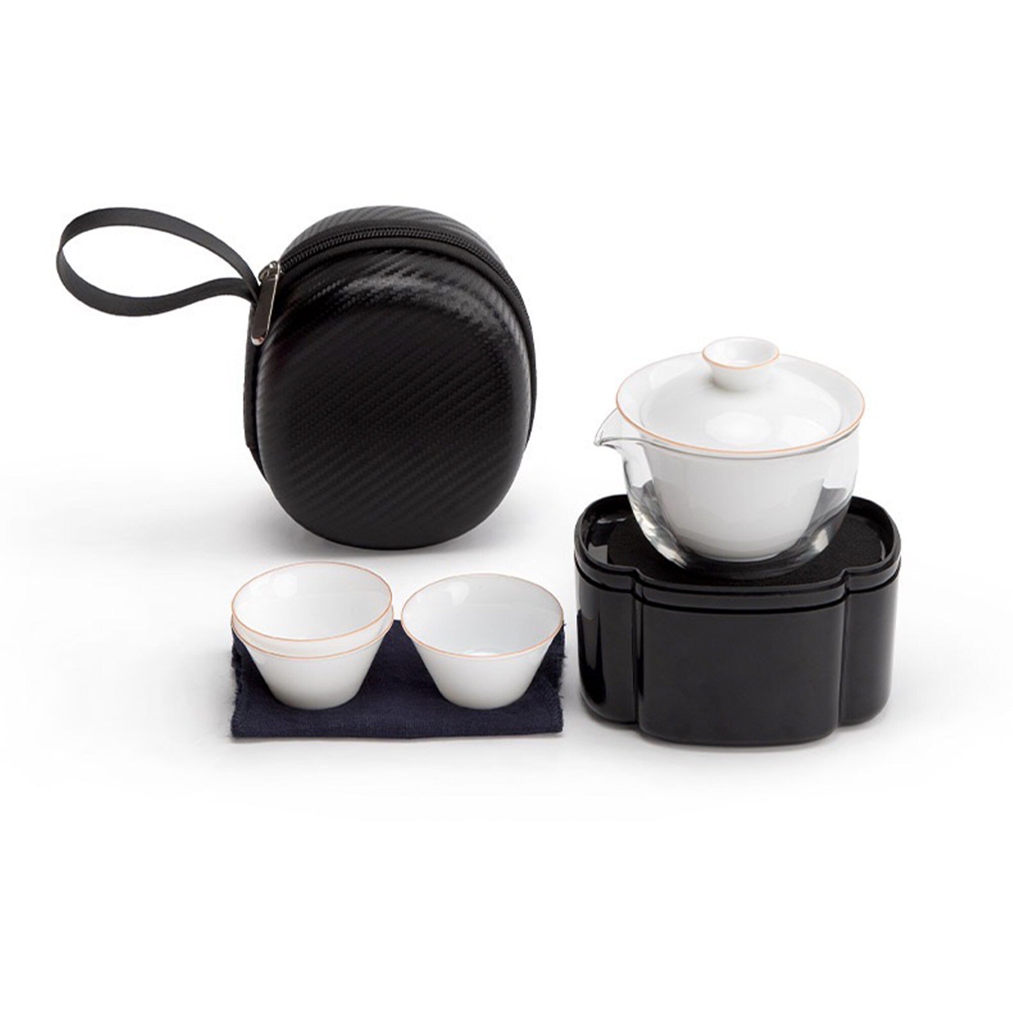 Handmage White/Black travel tea set of 6 with travel bag | 1 kettle 2 cups 1 jar with lid 1 factory tea towel | minimalist gift box