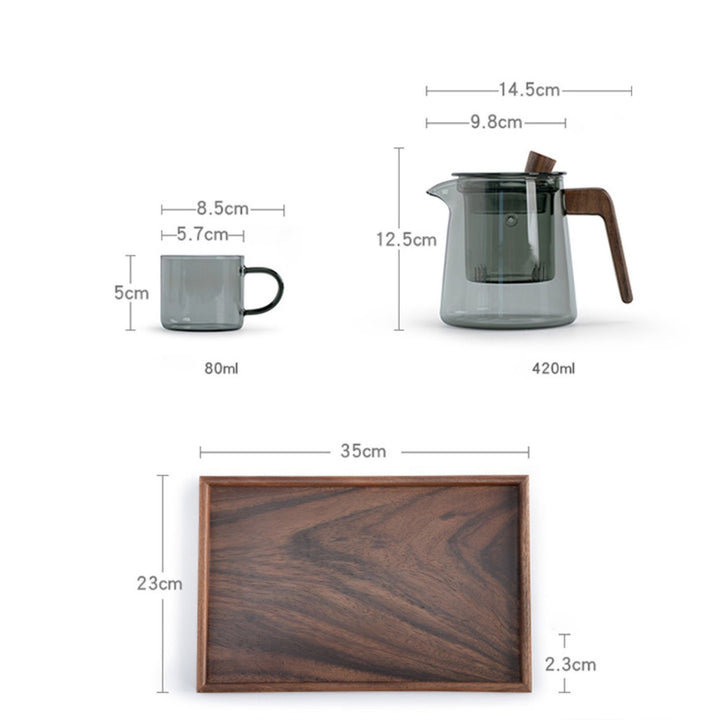 Service à thé en verre minimal avec plateau | 1 théière avec infuseur et 4 tasses | Décoration de bar à domicile | Cadeau de pendaison de crémaillère