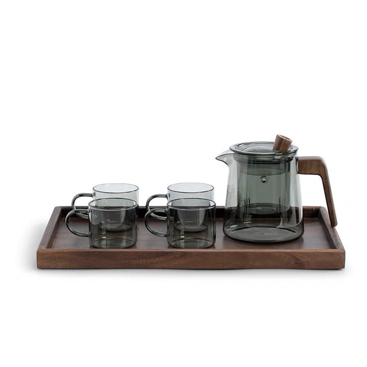 Service à thé en verre minimal avec plateau | 1 théière avec infuseur et 4 tasses | Décoration de bar à domicile | Cadeau de pendaison de crémaillère