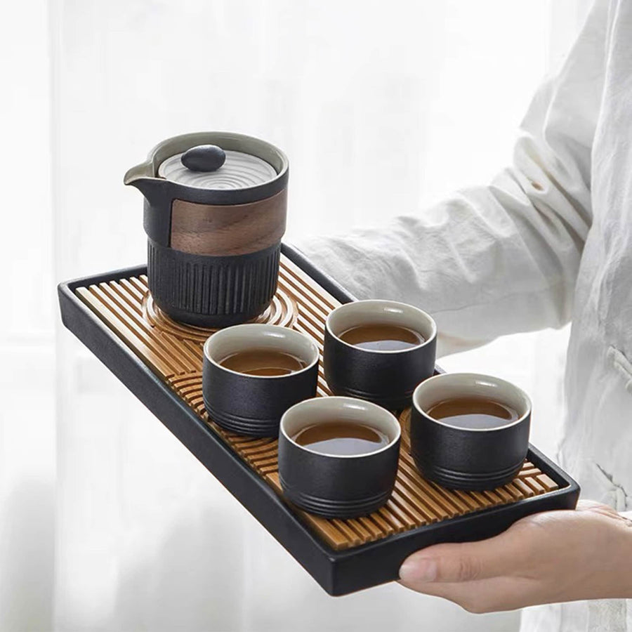 Vintage black tea set for four with tray