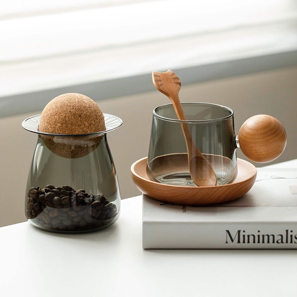Cozy Tea/espresso Mug + Glass container set  | 300ml glass Coffee cup + 400ml canister  | Housewarming gift - Teaware Space