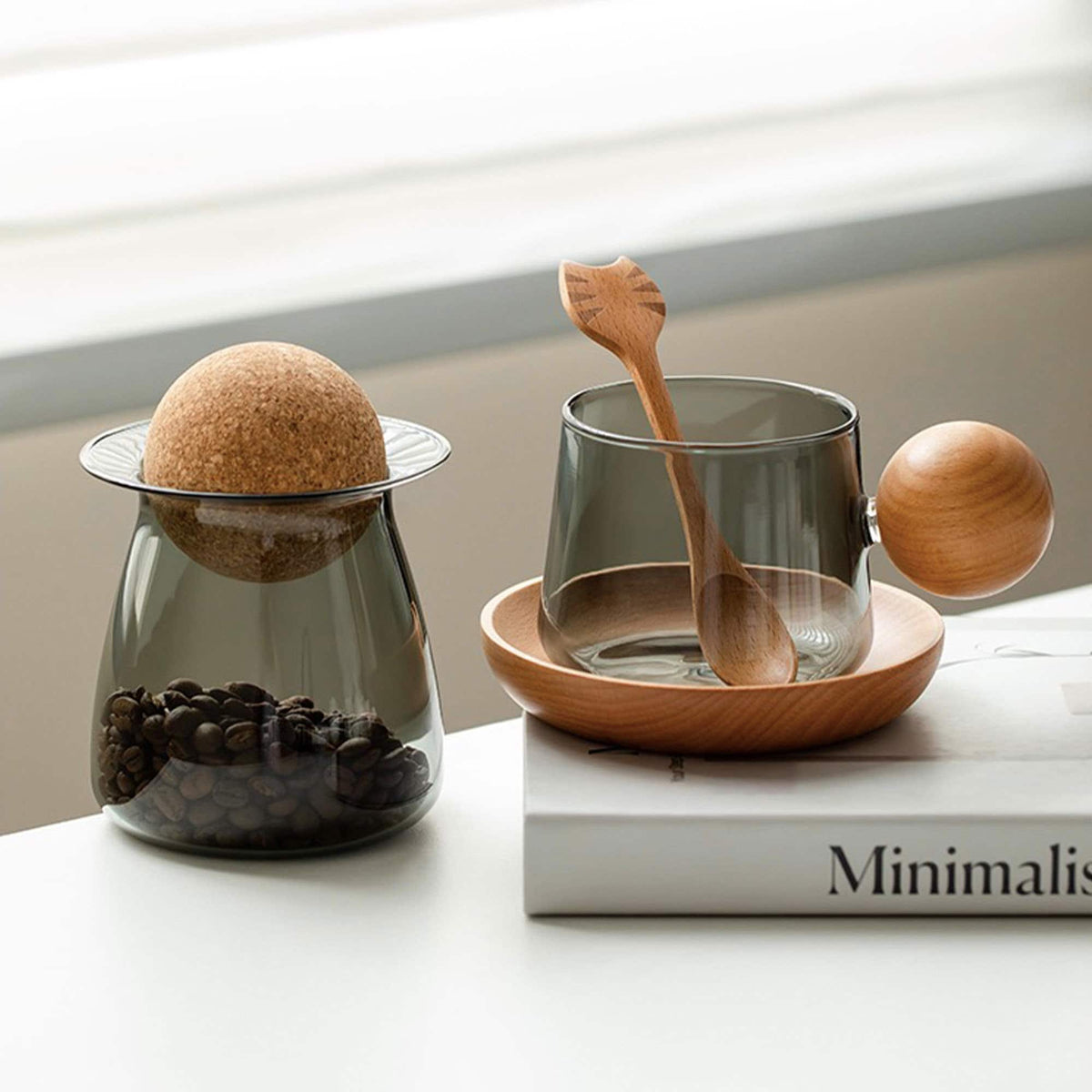 Cozy Tea/espresso Mug + Glass container set  | 300ml glass Coffee cup + 400ml canister  | Housewarming gift - Teaware Space