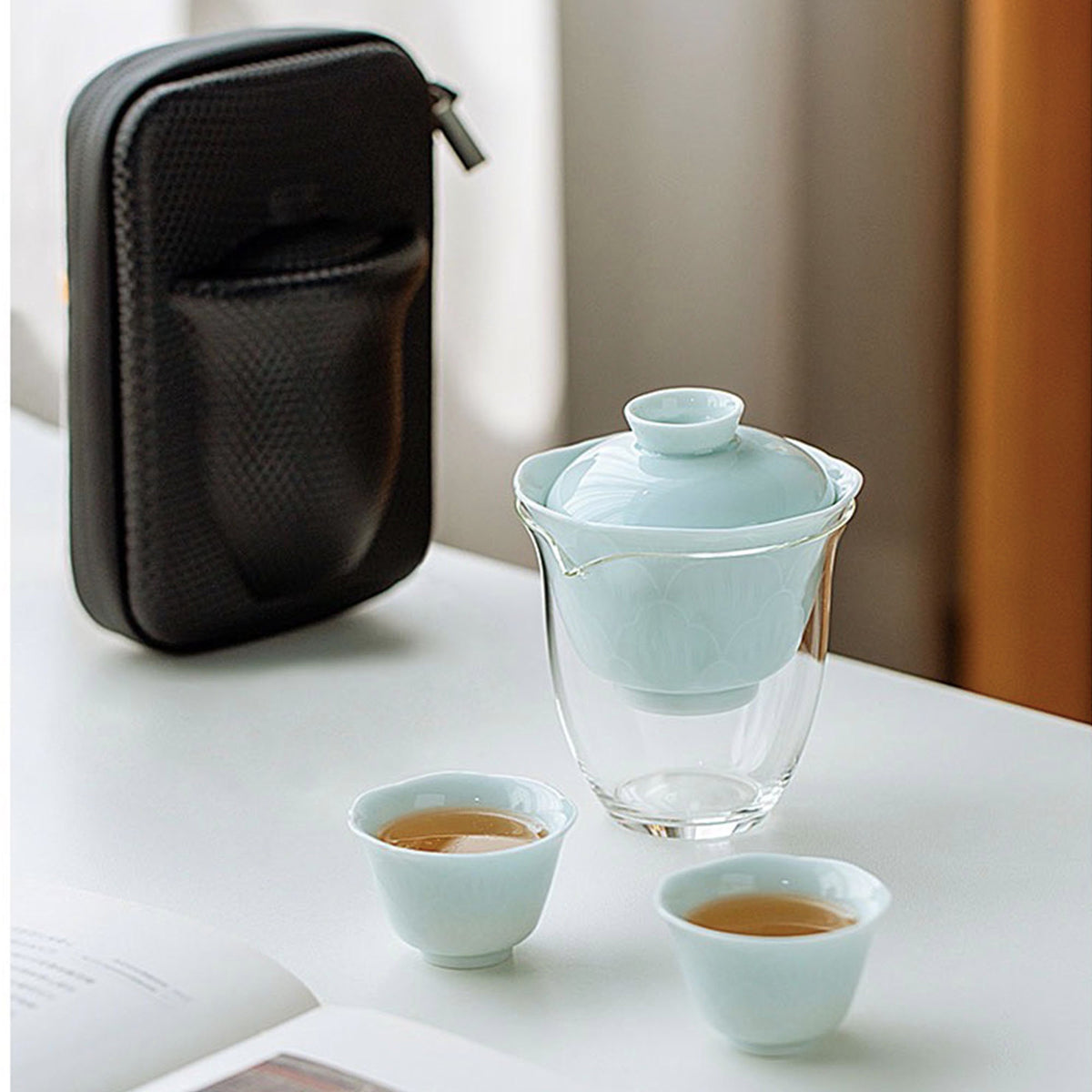 Hand-crafted travel gaiwan tea set with case  | Portable tea set for two | Wedding gift idea - Teaware Space