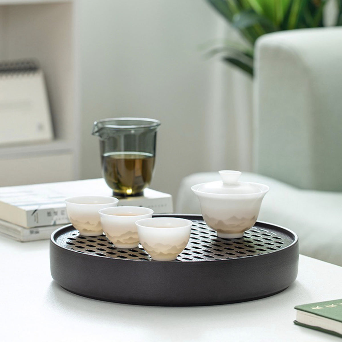 Zen - Personalized 6 pcs ice jade porcelain Gaiwan tea set with tray - Teaware Space
