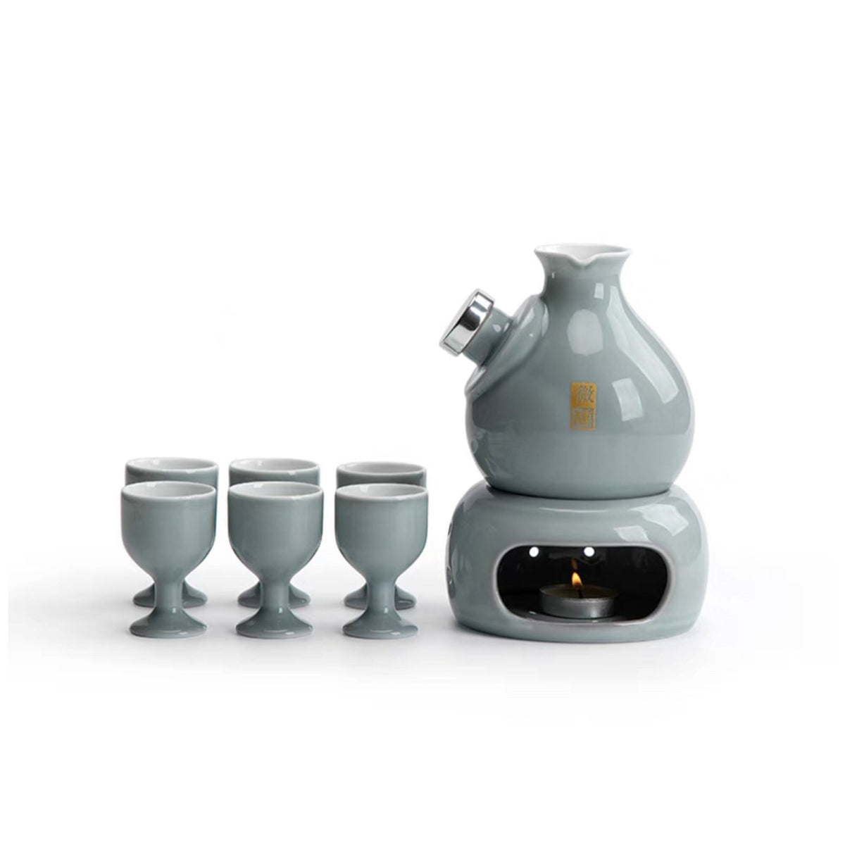8 pcs Vintage Sake set with candle stove, 1 pitcher 6 cups - Teaware Space