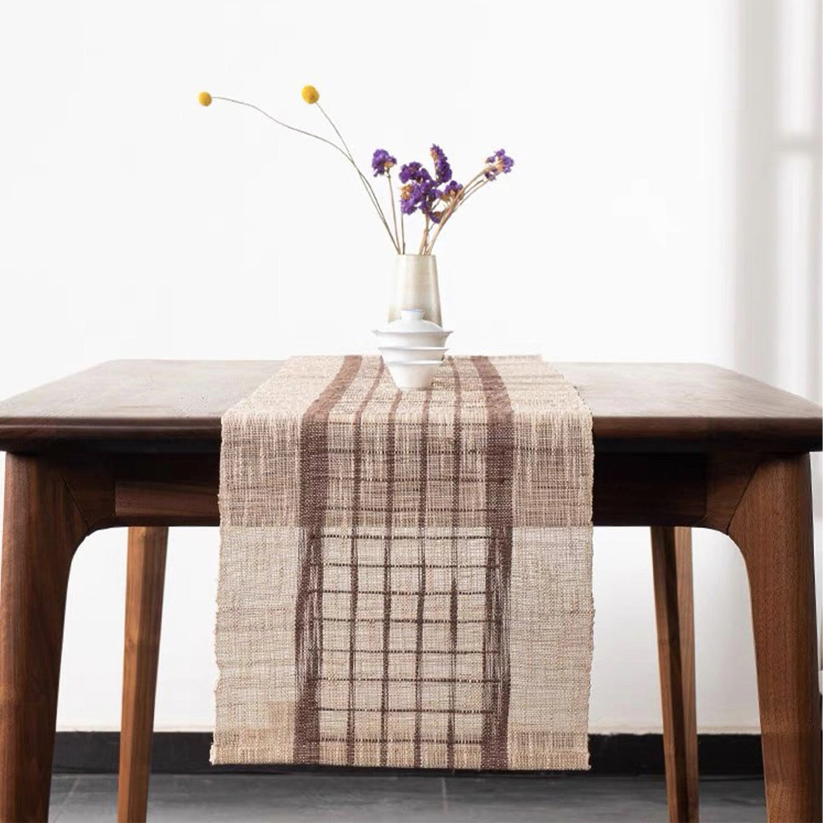 Custom size gingham Jute table runner boho | rustic linen long tablecloth | warm living room decor | Gift for her - Teaware Space