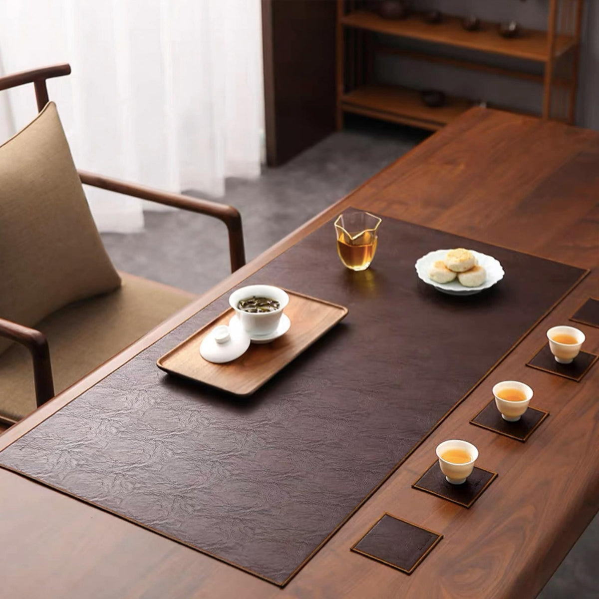 Custom size Genuine+PU leather tea/coffee table runner boho | Waterproof double sides table cloth| Home decor | Housewarming gift - Teaware Space