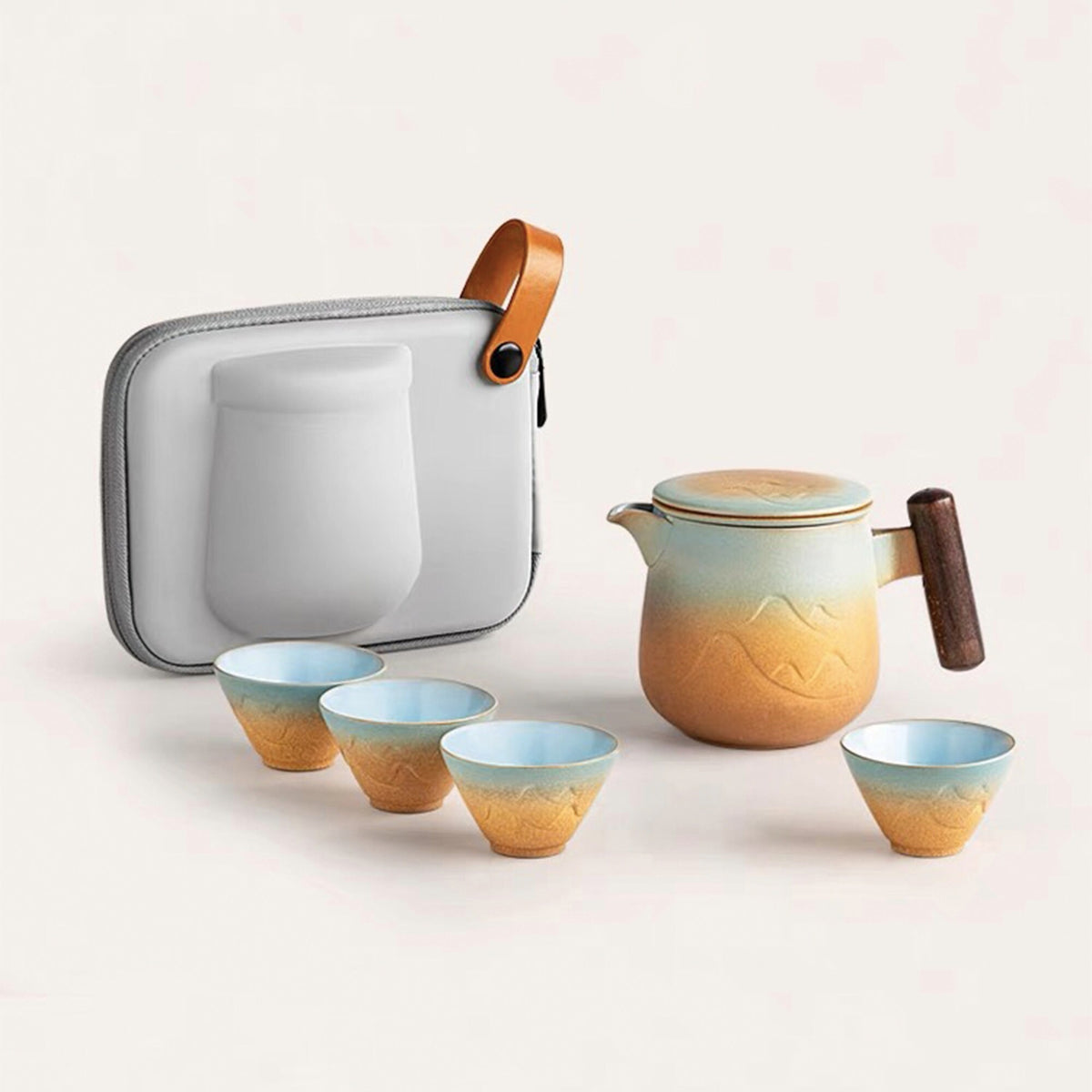 Portable tea set with 4 cups and travel case, gift for tea lover