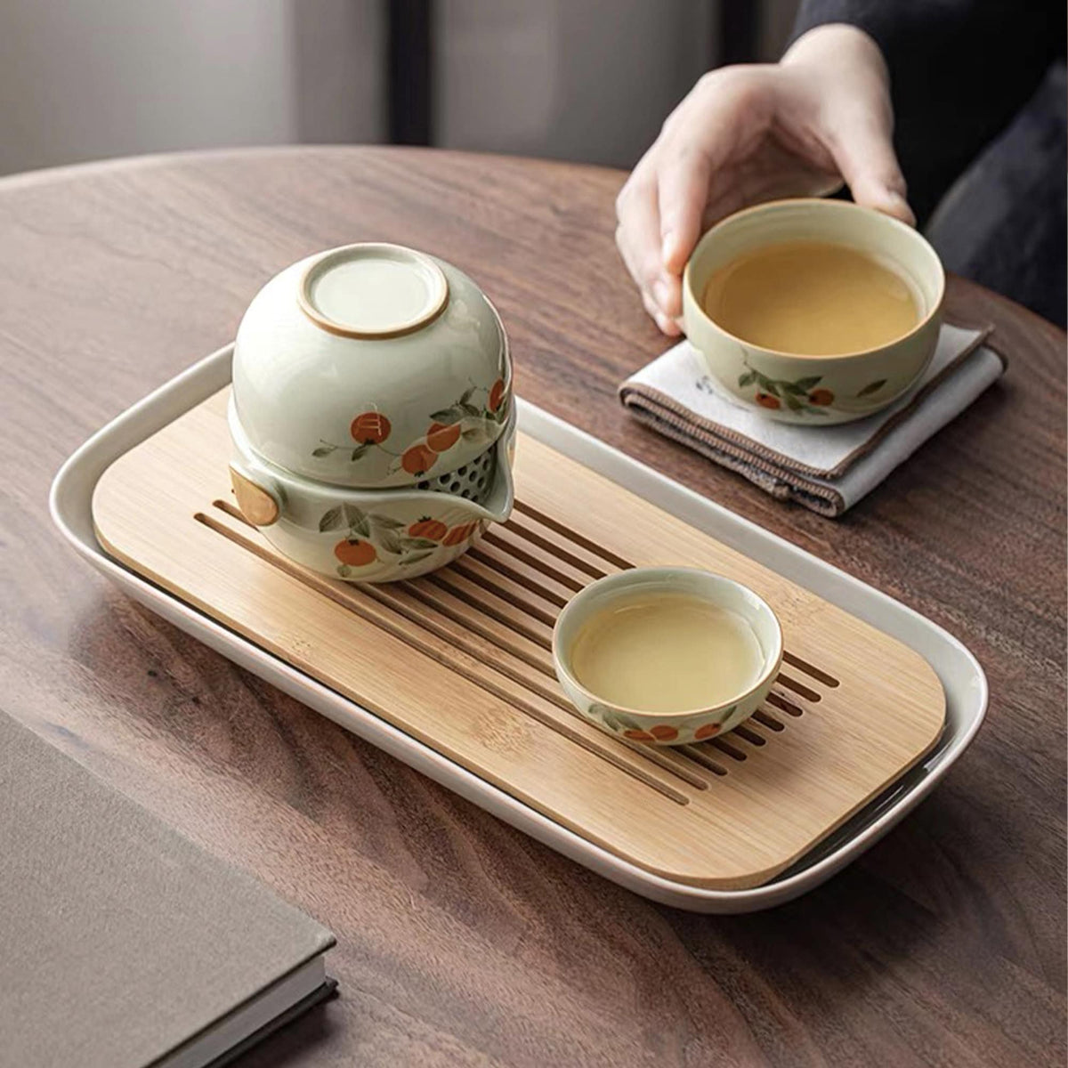 Vintage travel tea set for two | teapot with persimmon design - Teaware Space