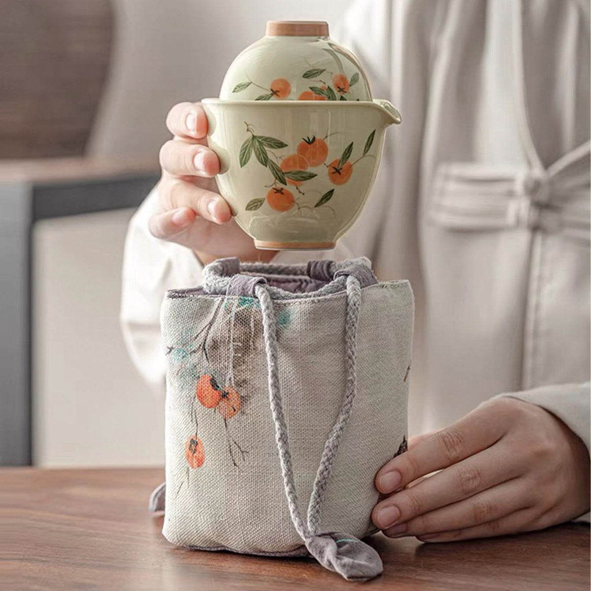 Fall decor vintage travel gaiwan tea set for two - Teaware Space