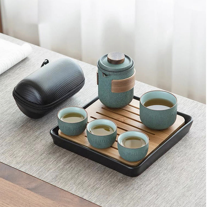 Ceramic travel tea set with case and tray