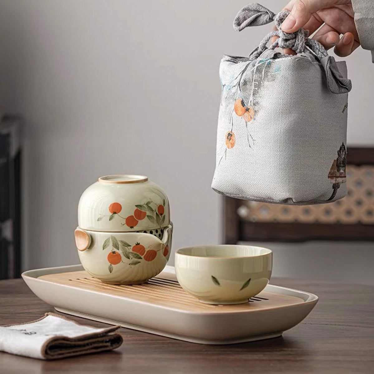 Vintage travel tea set for two | teapot with persimmon design - Teaware Space