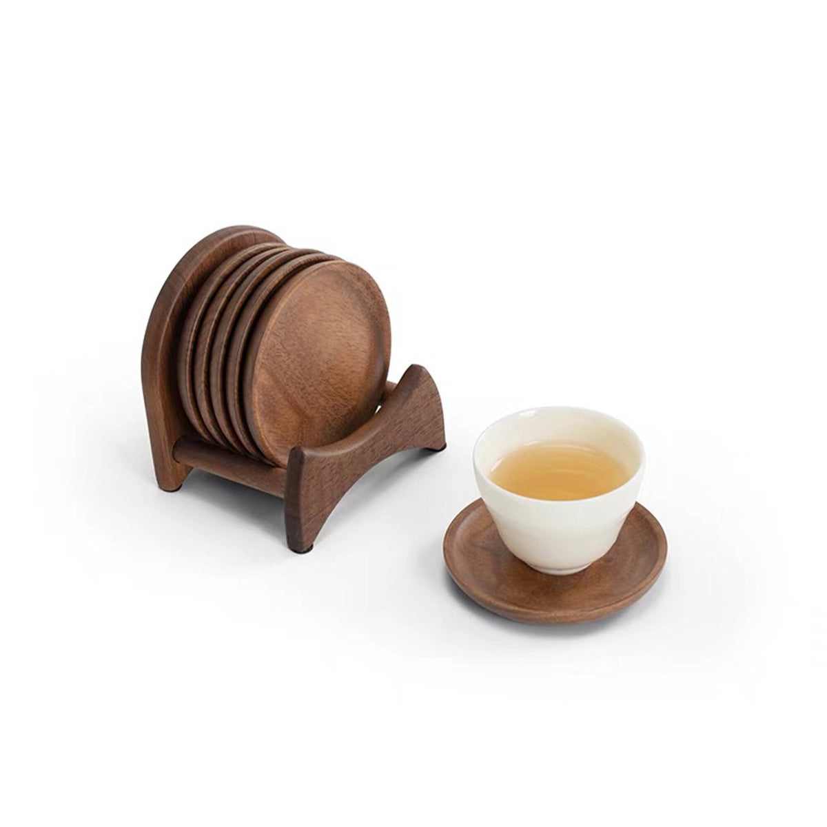 Zen style Walnut wood saucer set of 6 with holder - Teaware Space