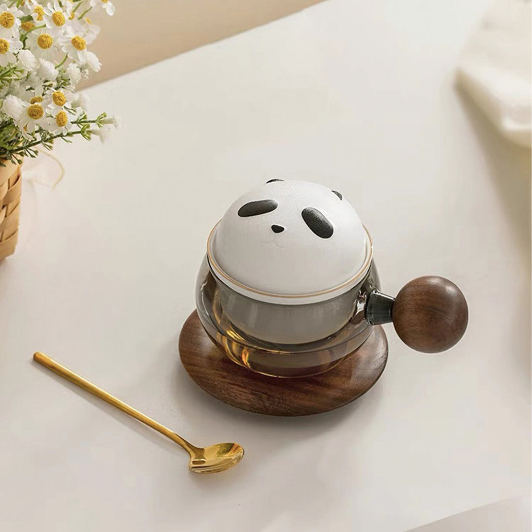Boho Panda glass tea/coffee mug with saucer set