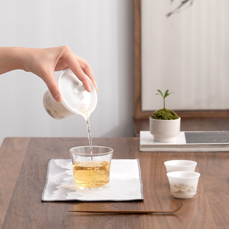 Valentine&#39;s gift | Vintage Ice Jade travel gaiwan tea set for two   | 1 teapot, 3 cups | Kungfu tea maker