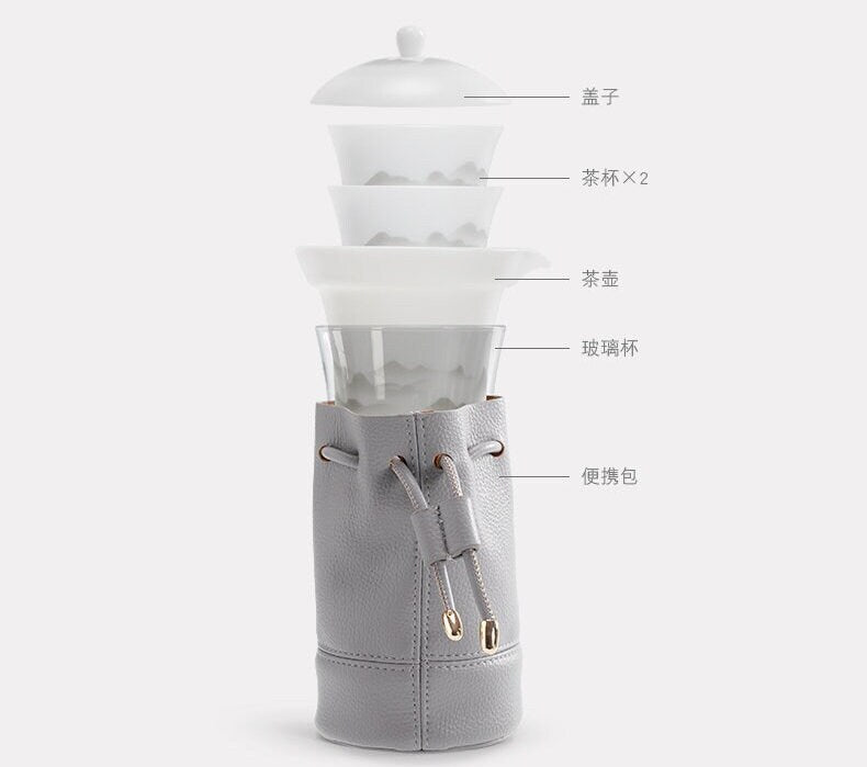 Valentine&#39;s gift | Vintage Ice Jade travel gaiwan tea set for two   | 1 teapot, 3 cups | Kungfu tea maker